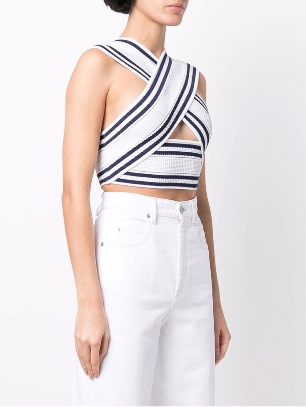 BALMAIN Striped Cross-Front Knit Crop Top - White & Navy GOLD ZIP Sz 34 36 - Picture 13 of 14